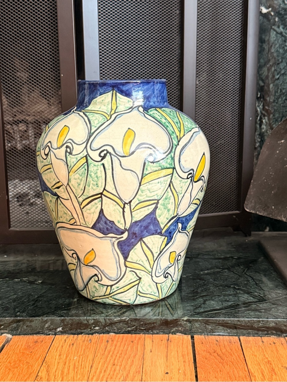 Mexican Hand-Painted Floral Ceramic Vase - Blue, Green & Cream